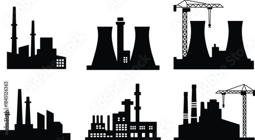 Industrial factory and power plant silhouette set with construction crane energy production black vector illustration isolated on white background