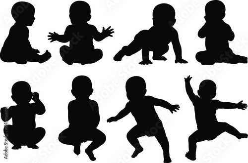 Baby silhouette set, infant movement, crawling, sitting, squatting, walking, motor development, black vector, white background, isolated illustration, posture