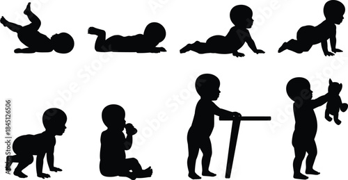 Baby, growth, stages, silhouette, crawling, sitting, standing, walking, infant, toddler, development, milestones, childhood, human, life, cycle, black, vector, illustration, set