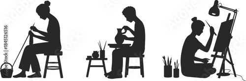 Creative artists silhouette set, knitting pottery painting crafts, women handmade artwork activities, black isolated figures, studio lifestyle illustration, white background