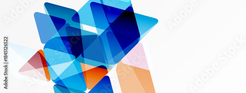 Abstract geometric shapes overlap, creating dynamic blue, orange hues. Clean design suggests technology, innovation, modern aesthetics.