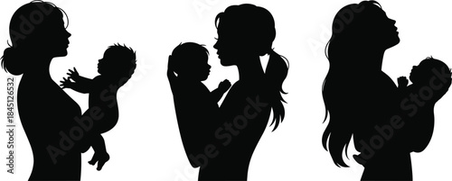 Mother holding baby, female silhouette, nurturing gesture, maternal care, black vector, white background, isolated illustration, motherhood, parenting, love