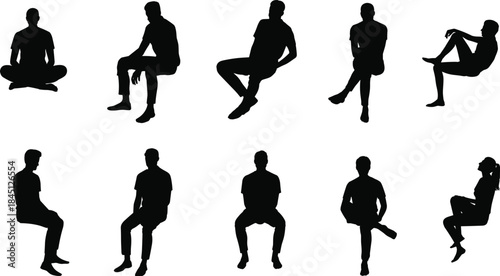 Human sitting silhouette collection, seated people poses, male and female figures, isolated black shapes, minimal design, white background