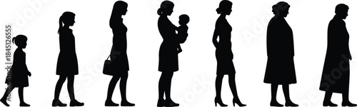 Woman life stages, female silhouette, childhood to elderly, aging progression, motherhood, black vector, white background, isolated illustration, growth phases
