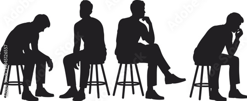 Thinking man silhouette set, seated male poses on stool, thoughtful emotions body language, black isolated human figures, minimal white background
