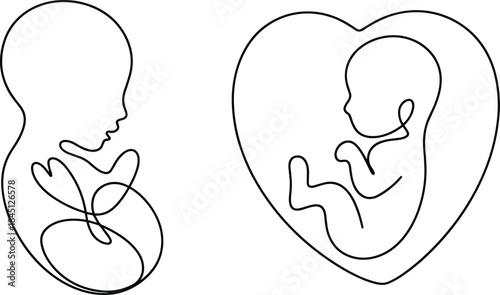 Fetus line art, prenatal silhouette, curled baby, heart shape, pregnancy symbol, black vector, white background, isolated illustration, love, life