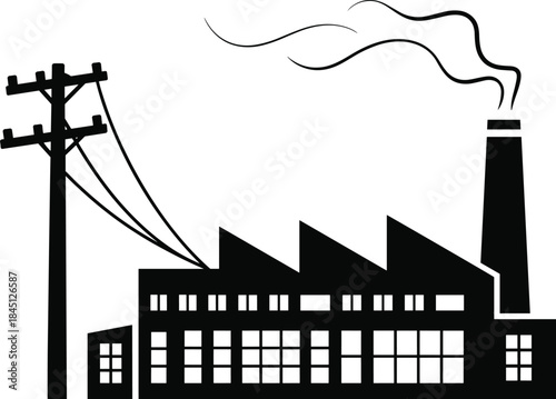 Industrial factory silhouette with power lines, electricity infrastructure and smoke chimney, black manufacturing building icon, isolated, white background