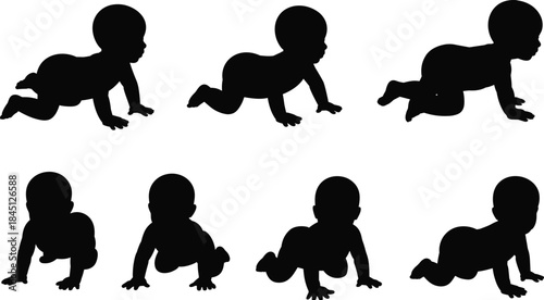 Baby, crawling, silhouettes, infant, movement, development, stages, childhood, milestone, human, growth, toddler, black, isolated, white, background, vector, illustration, set, collection