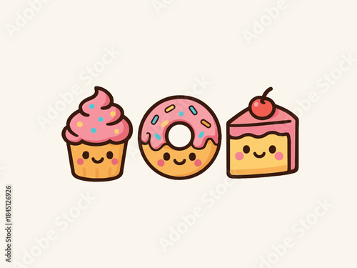 Sweets and dessert icons  cupcake, donut, cake slice, cute colorful