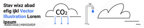 Climate change, carbon emissions, water conservation, sustainability, environmental awareness, pollution. CO2 arrows pointing to cloud, faucet dripping water. Climate change and carbon emissions