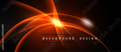 Abstract design features glowing orange curves, lines radiating from bright center. Dark background enhances visual impact. Modern, dynamic composition.