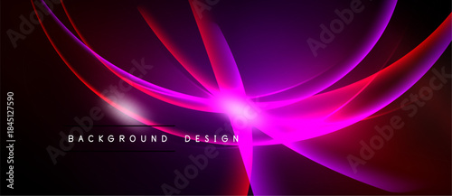 Abstract design features vibrant red, purple glows against dark backdrop. Dynamic curves create energetic visual impact. Text reads background design.