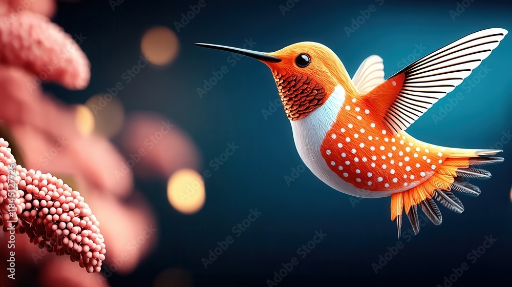 Obraz premium Vibrant hummingbird in flight near pink flowers with blurred background