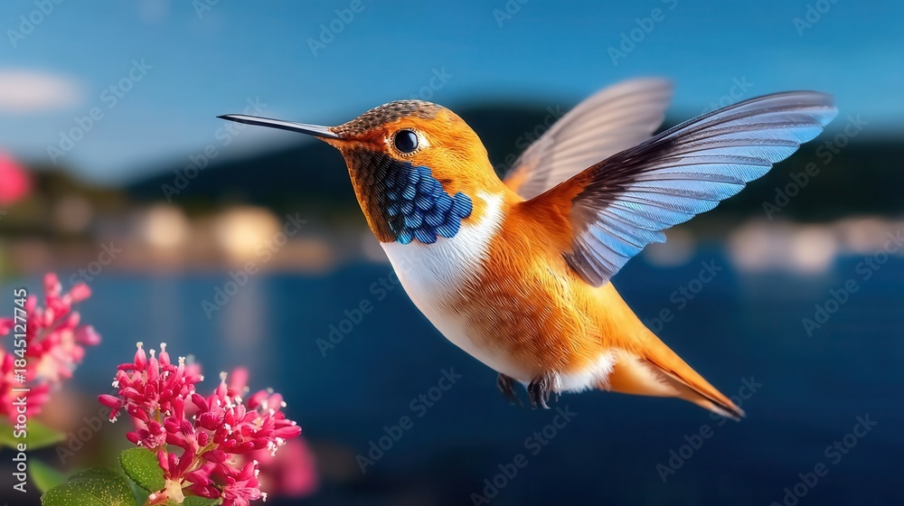 Obraz premium Vibrant hummingbird in flight near colorful pink flowers by serene lake