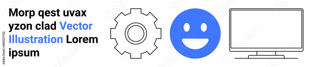 Fototapeta premium Technology, communication, digital platforms, system operations, user interfaces, and online interaction. Gear outline, happy face and computer monitor illustration. Technology and communication