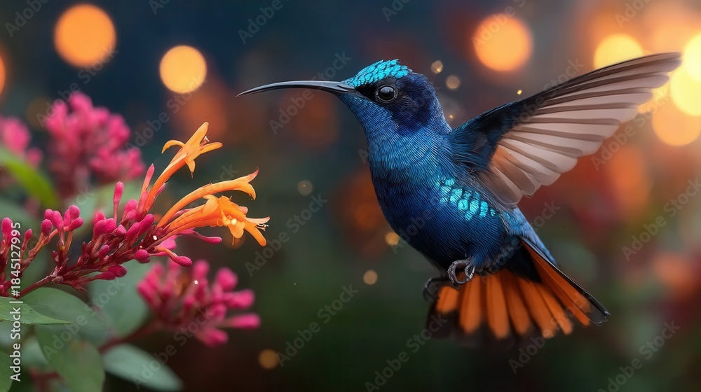 Obraz premium Vibrant hummingbird sips nectar from colorful flowers in garden