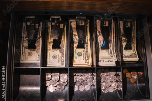 Fotografi Open cash register drawer with organized US dollar bills and assorted coins in compartments