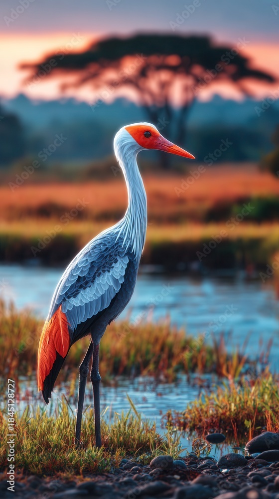 Fototapeta premium Majestic bird with vibrant orange beak and feathers standing by serene water