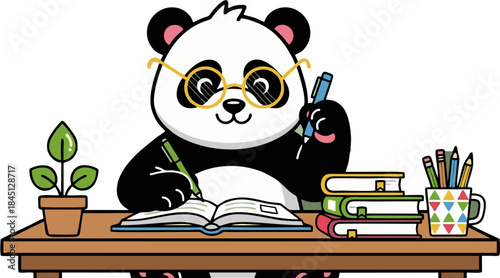 Charming cartoon panda character with glasses, diligently writing in an open book at a wooden desk, surrounded by school supplies, symbolizing learning and knowledge