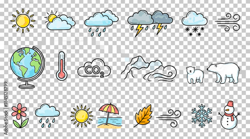 Weather Climate Season Icons Doodle Set: Forecast Trends Changes