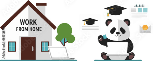 Conceptual illustration of a panda engaging in remote work and online education, symbolizing the flexibility and opportunities of digital learning from home environments