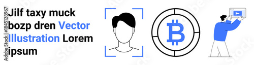 Face scan rectangle with profile, Bitcoin symbol inside circle, person in blue holding screen. Ideal for technology, cryptocurrency, AI, security, finance, identity simple landing page