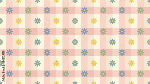 Charming Gingham Floral Pattern: Pastel Daisies on Chequered Background