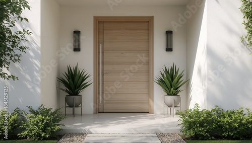 Stylish house entrance with wooden door and decorative plants