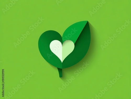 A stylized illustration features a leaf with a heart shape cutout. The design is minimalistic with layers. Green hues dominate
