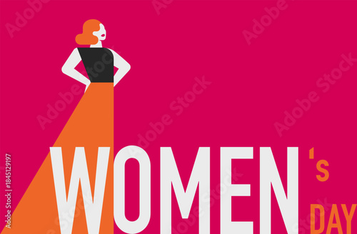 Women's Day greeting card of strong woman for 8 march on pink background with celebration text. Poster of Sisterhood and community for girls. Vector illustration