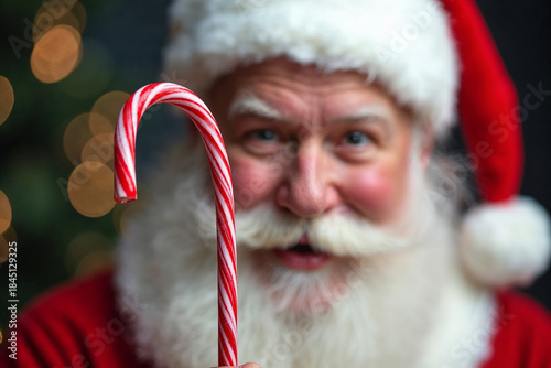 Santa Claus Close-Up Portrait with Candy Cane