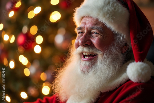 Santa Claus Portrait Laughing Joyfully with Christmas Lights