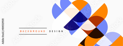 Abstract geometric shapes overlap, creating vibrant color blocks. Design features orange, blue, brown hues on white background. Minimalist style.