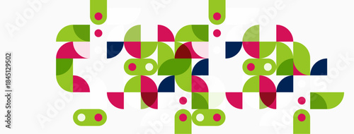 Abstract floral pattern. Geometric shapes create repeating design. Pink, green, blue hues dominate composition. Simple, modern aesthetic.