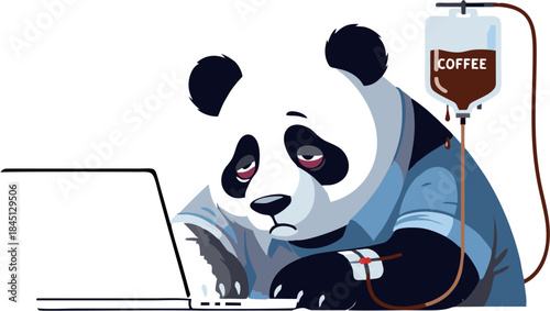 Tired panda working laptop, sustained by coffee IV drip. Humorous illustration of burnout, the grind of staying productive, and the constant battle against fatigue in modern work life