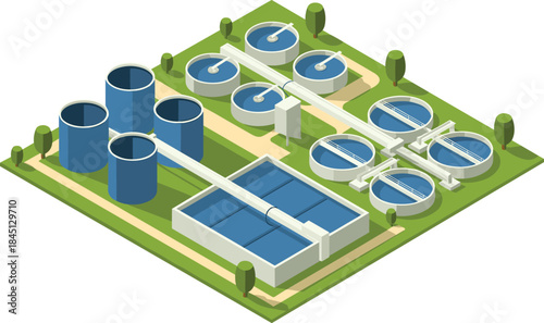Isometric water treatment facility illustration showing settling tanks, filtration basins, pipelines, and sustainable clean water infrastructure design
