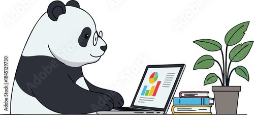 Charming panda character focused on data analysis on a laptop, displaying growth charts and statistics, representing productivity and smart work in a cheerful business setting and financial planning