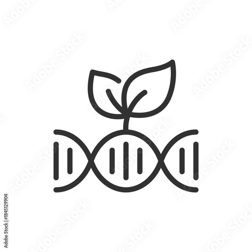 DNA strand with plant, linear icon. Genetic modification and bioengineering. Line with editable stroke.