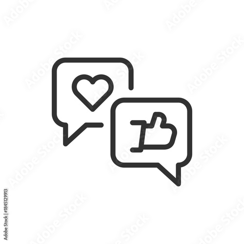 Chat bubbles with heart and thumbs up, linear icon. Social interaction and positive feedback. Line with editable stroke.