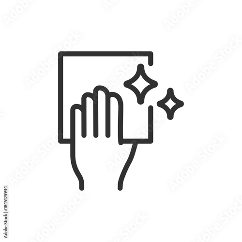 Hand wiping surface, linear icon. Cleaning action and shine effect. Line with editable stroke.