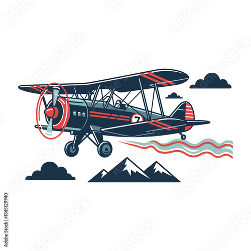 A vintage biplane propeller airplane flying above high mountain peaks vector illustration.