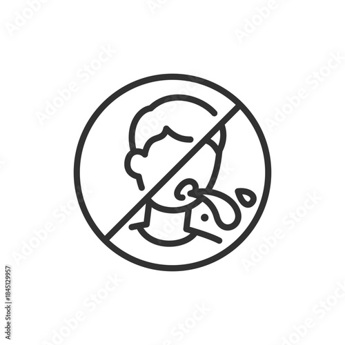 Person spitting crossed out, linear icon. No spitting rule and hygiene restriction. Line with editable stroke.