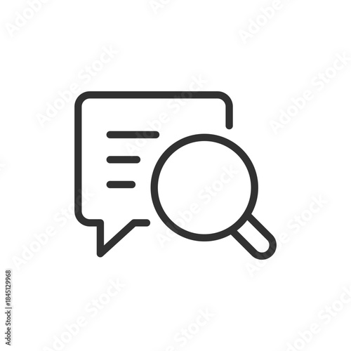Chat bubble with magnifier, linear icon. Message search and text lookup. Line with editable stroke.