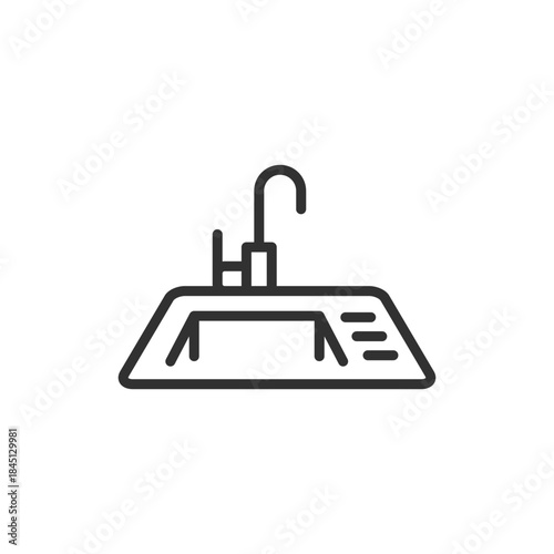 Kitchen sink with faucet, linear icon. Water supply and washing area. Line with editable stroke.