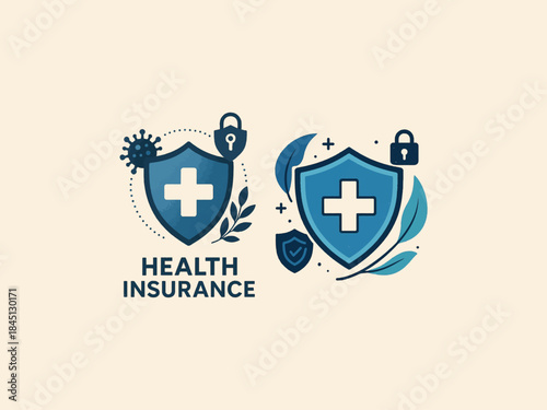 Health insurance shield with medical cross and protective elements