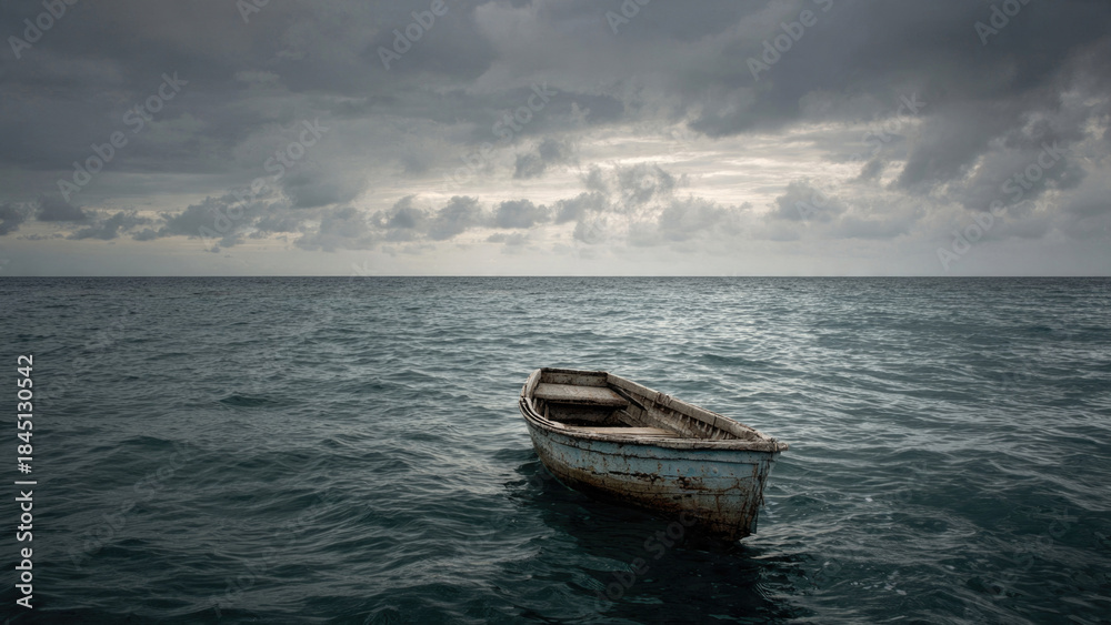 Naklejka premium Old Boat on a Calm Sea Under Stormy Sky