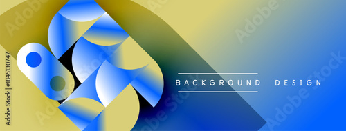 Abstract shapes blend yellow, blue, green gradients. Modern design features text background, design. Smooth transitions create dynamic visual effect.