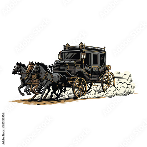 Photos Old western stagecoach carriage pulled by team of black horses vector illustrati