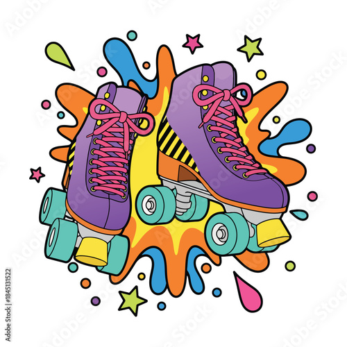 Colorful roller skates pair with abstract paint splash background vector illustration
