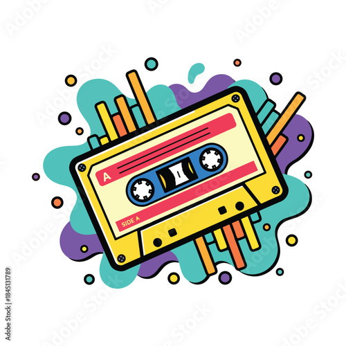 Retro yellow audio cassette tape with colorful abstract background vector illustration